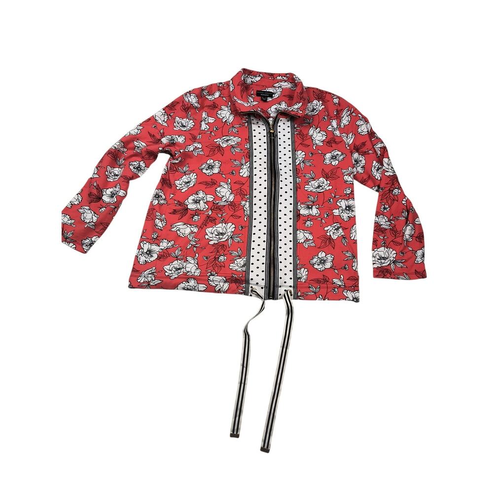 Susan Graver Weekend Women's Zip-Up Floral Jacket M/L  Red White Black Polka Dot